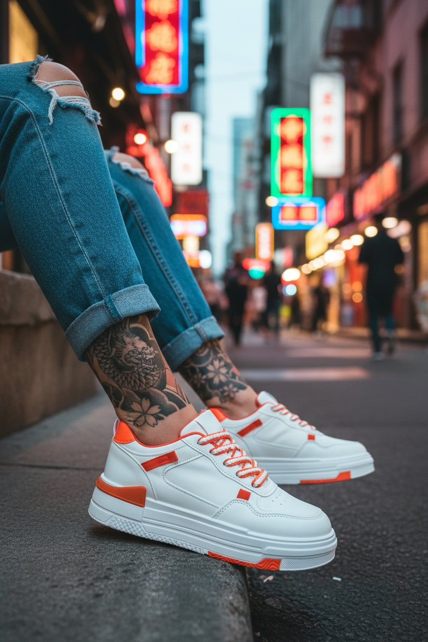 Adidasi dama albi cu portocaliu casual 8002 T15-1