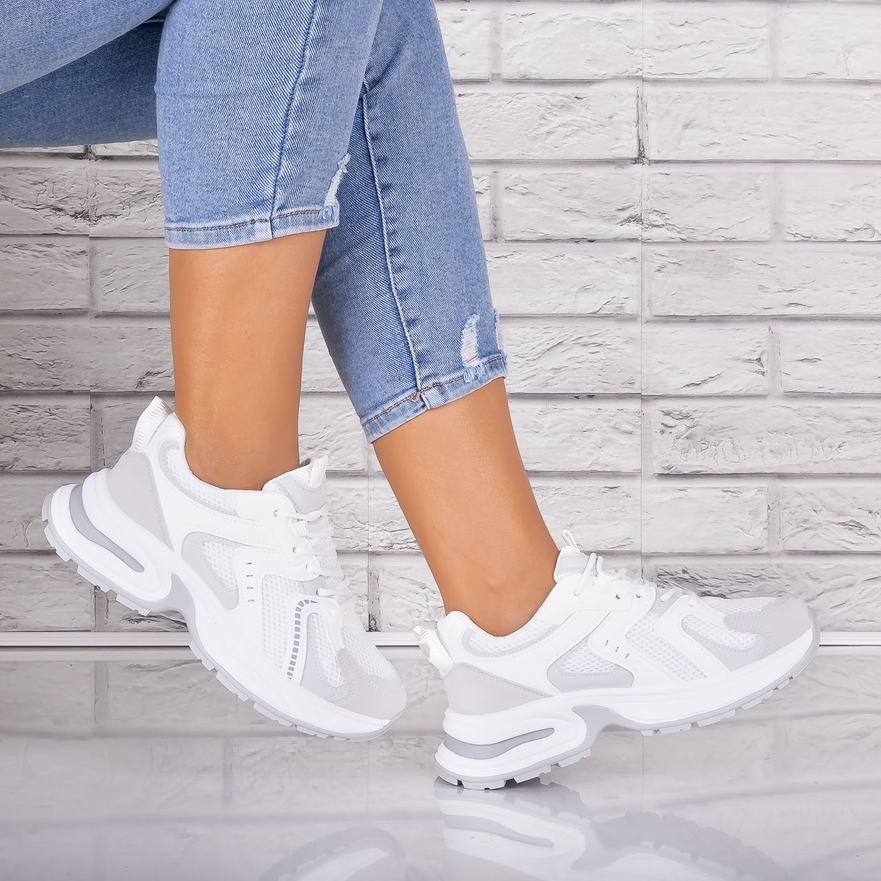Adidasi dama Albi/gri din Piele Eco/ Textil Sianna - poza 2