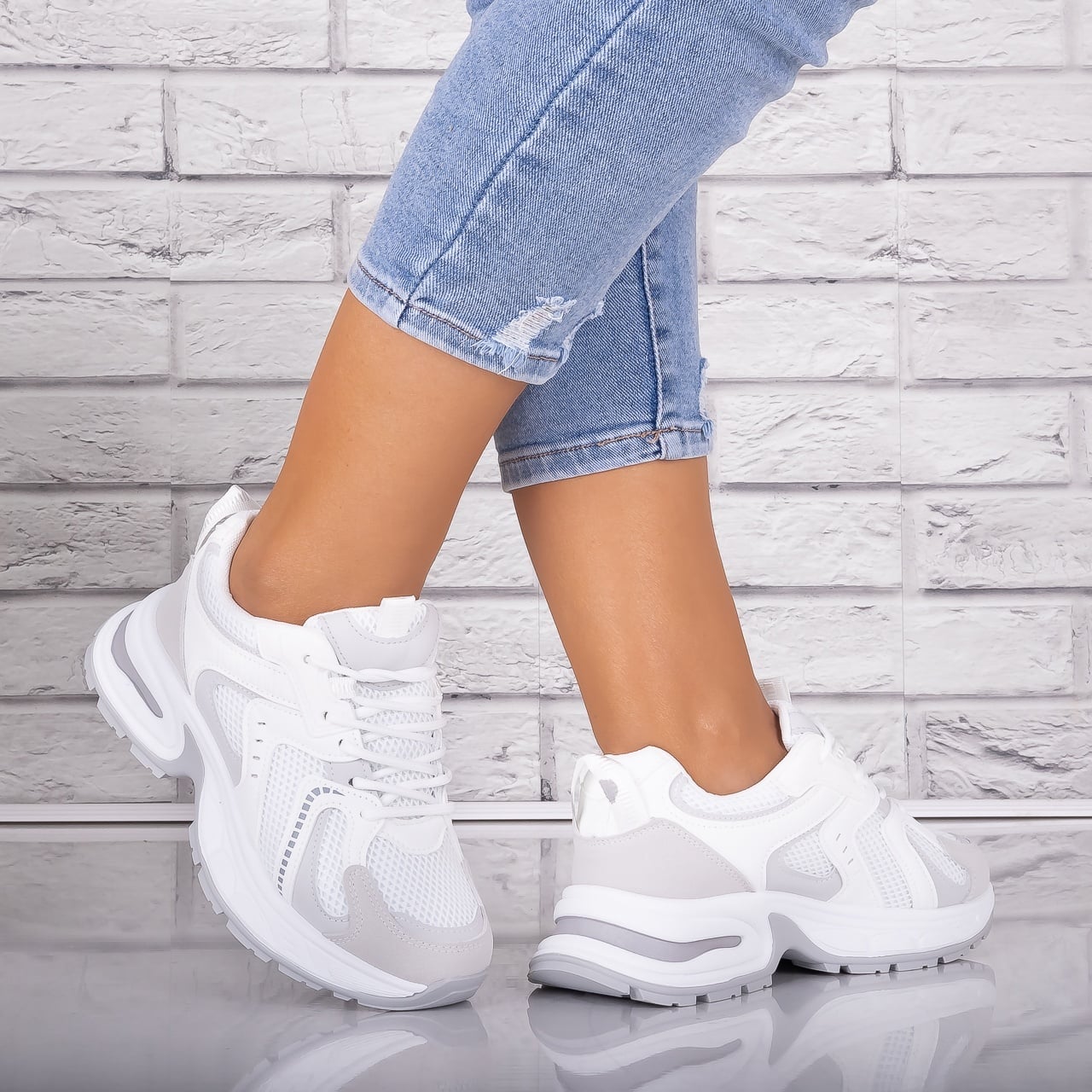 Adidasi dama Albi/gri din Piele Eco/ Textil Sianna - poza 4