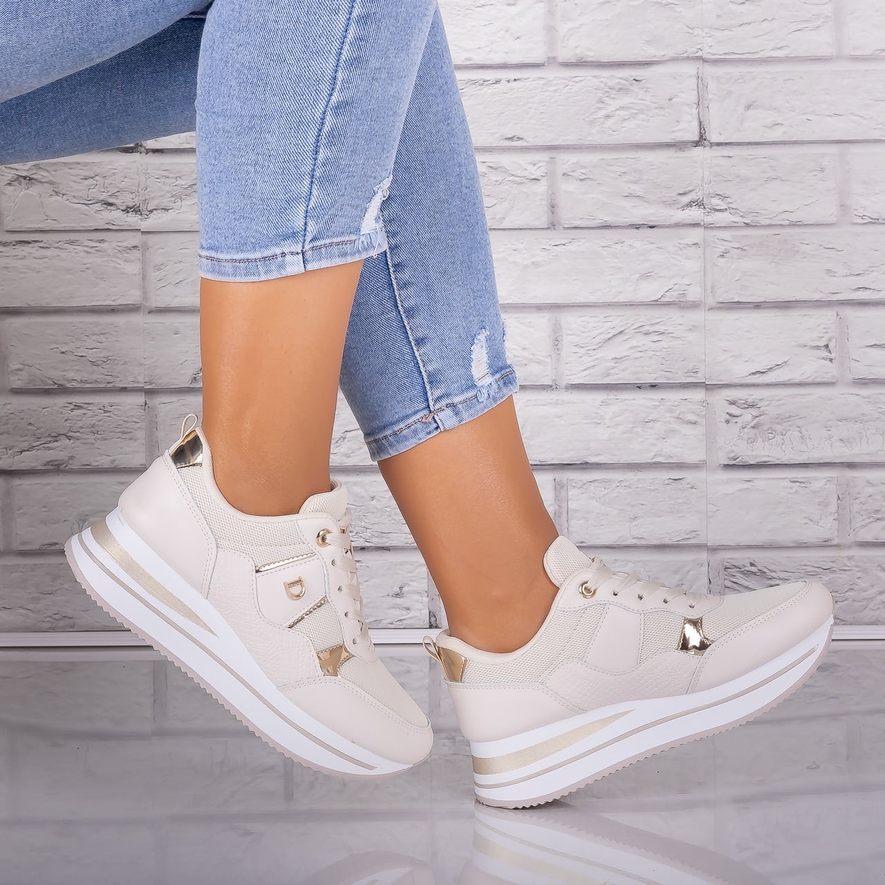 Adidasi dama Bej din Piele Eco/ Textil Anina - poza 3