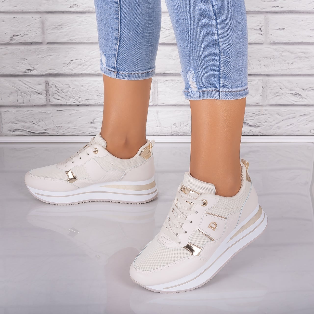 Adidasi dama Bej din Piele Eco/ Textil Anina - poza 4