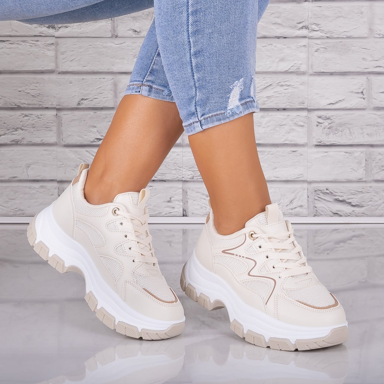 Adidasi dama Bej din Piele Eco/ Textil Arleta - poza 1