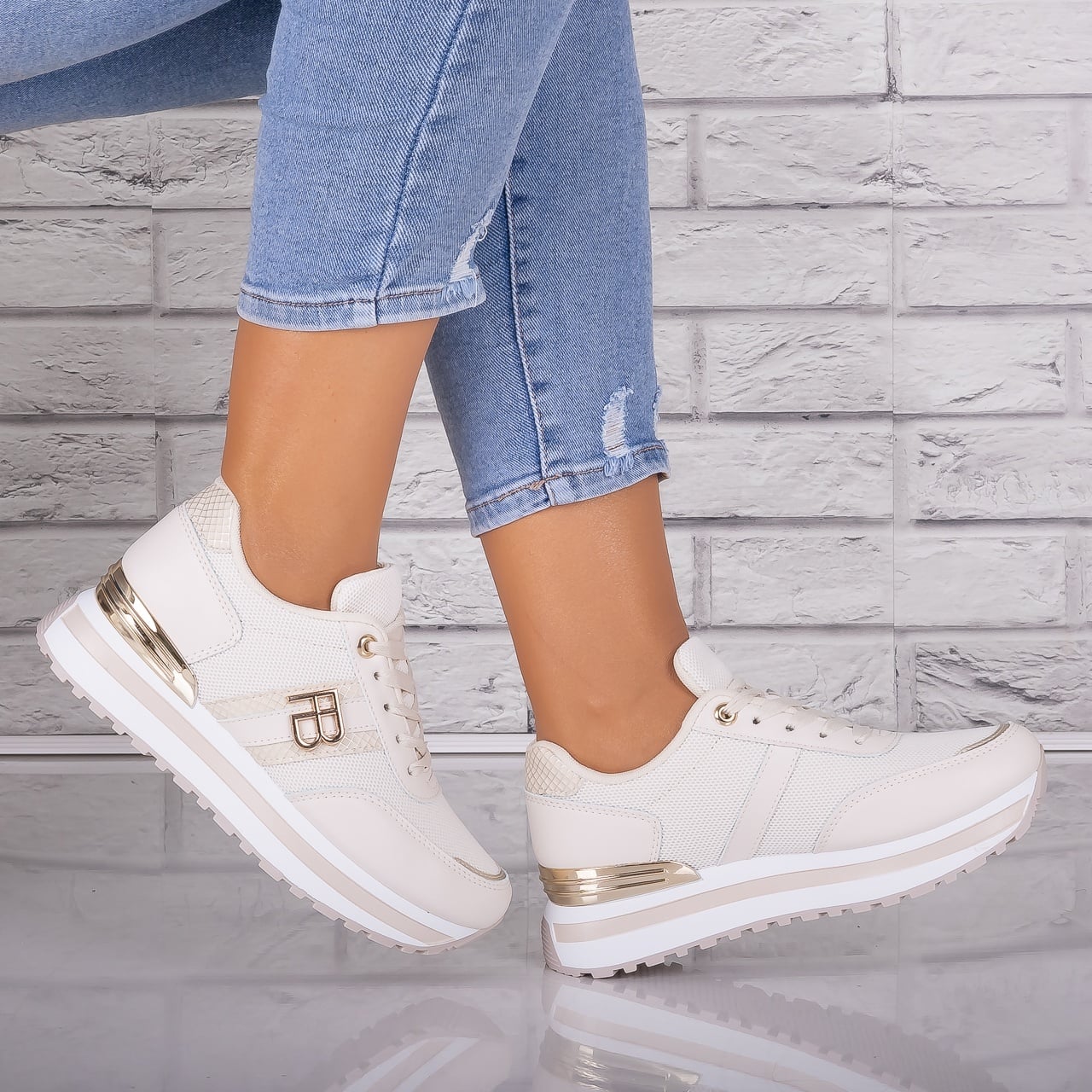 Adidasi dama Bej din Piele Eco/ Textil Ninal - poza 1
