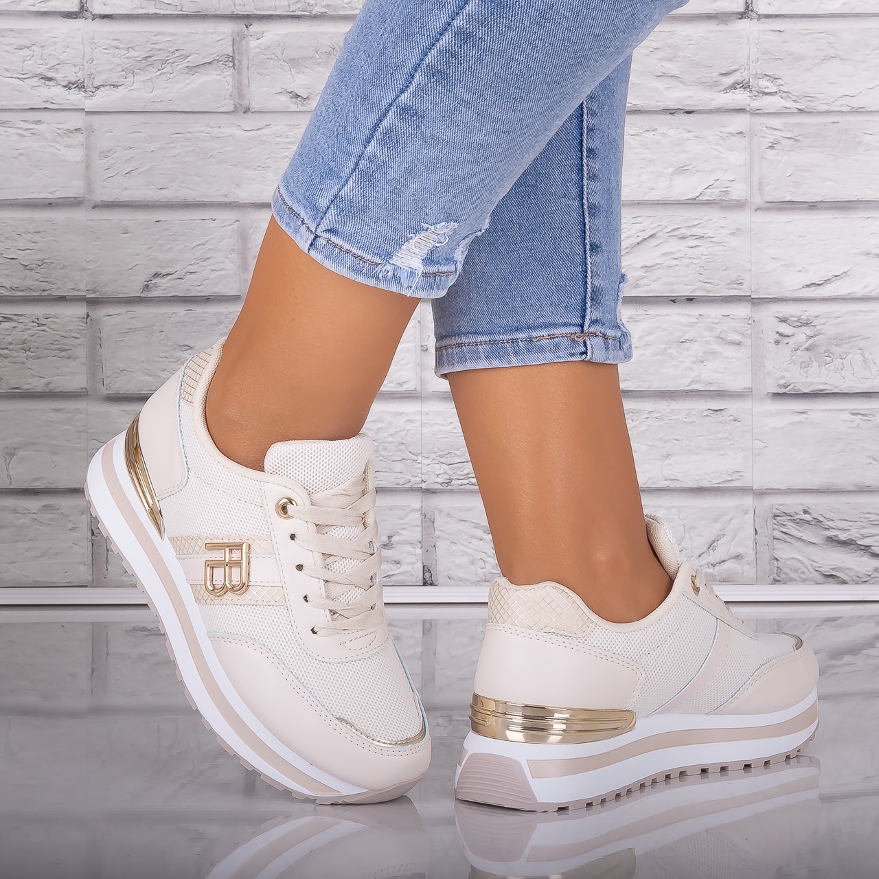 Adidasi dama Bej din Piele Eco/ Textil Ninal - poza 2