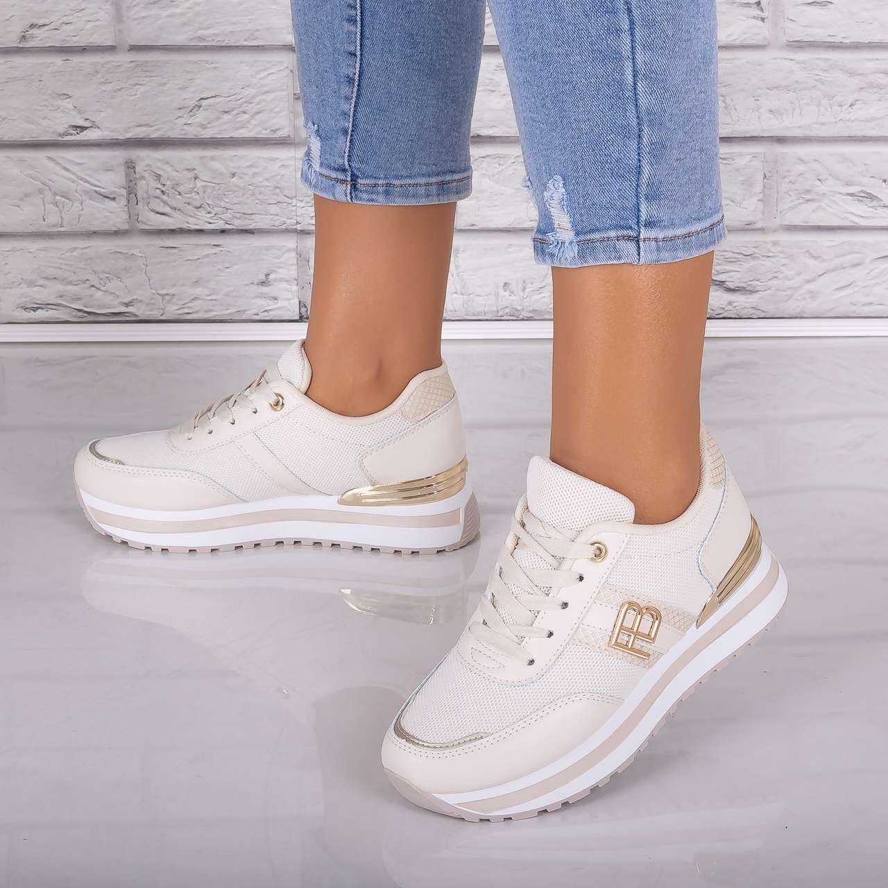 Adidasi dama Bej din Piele Eco/ Textil Ninal - poza 4