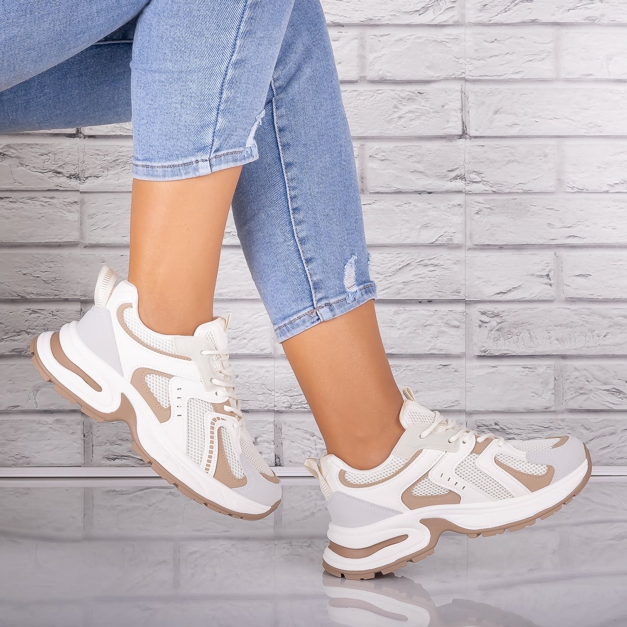 Adidasi dama Bej din Piele Eco/ Textil Sianna - poza 2
