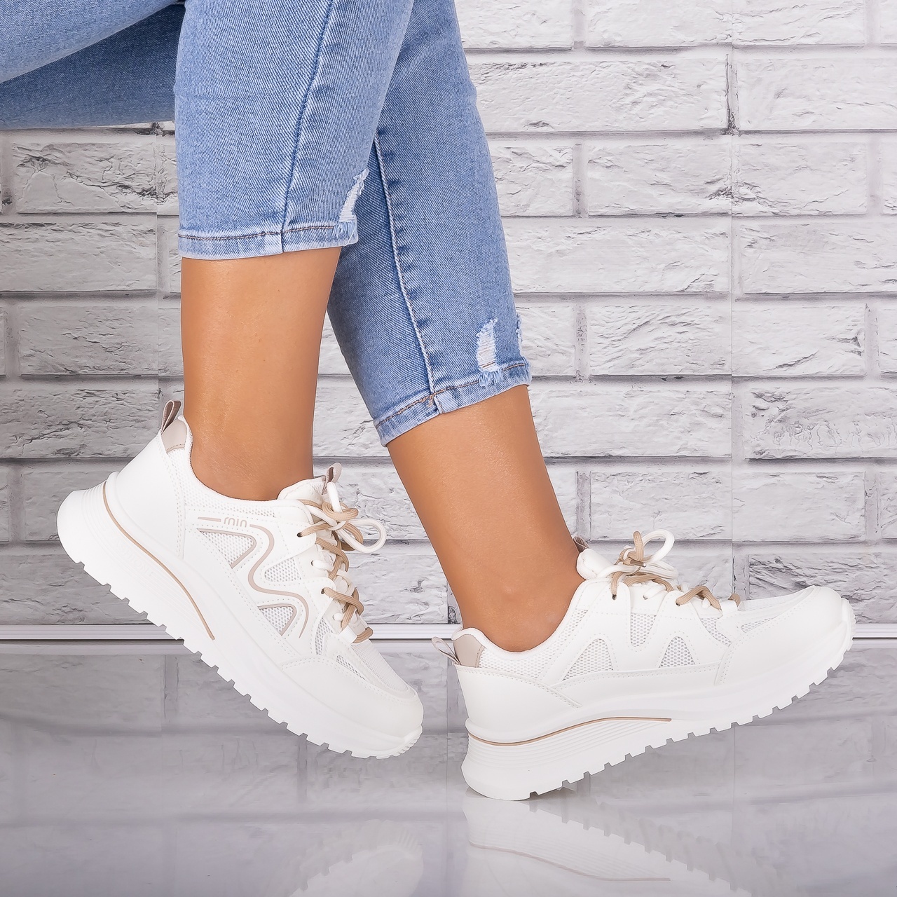Adidasi dama Bej/kaki din Piele Eco/ Textil Avena - poza 3