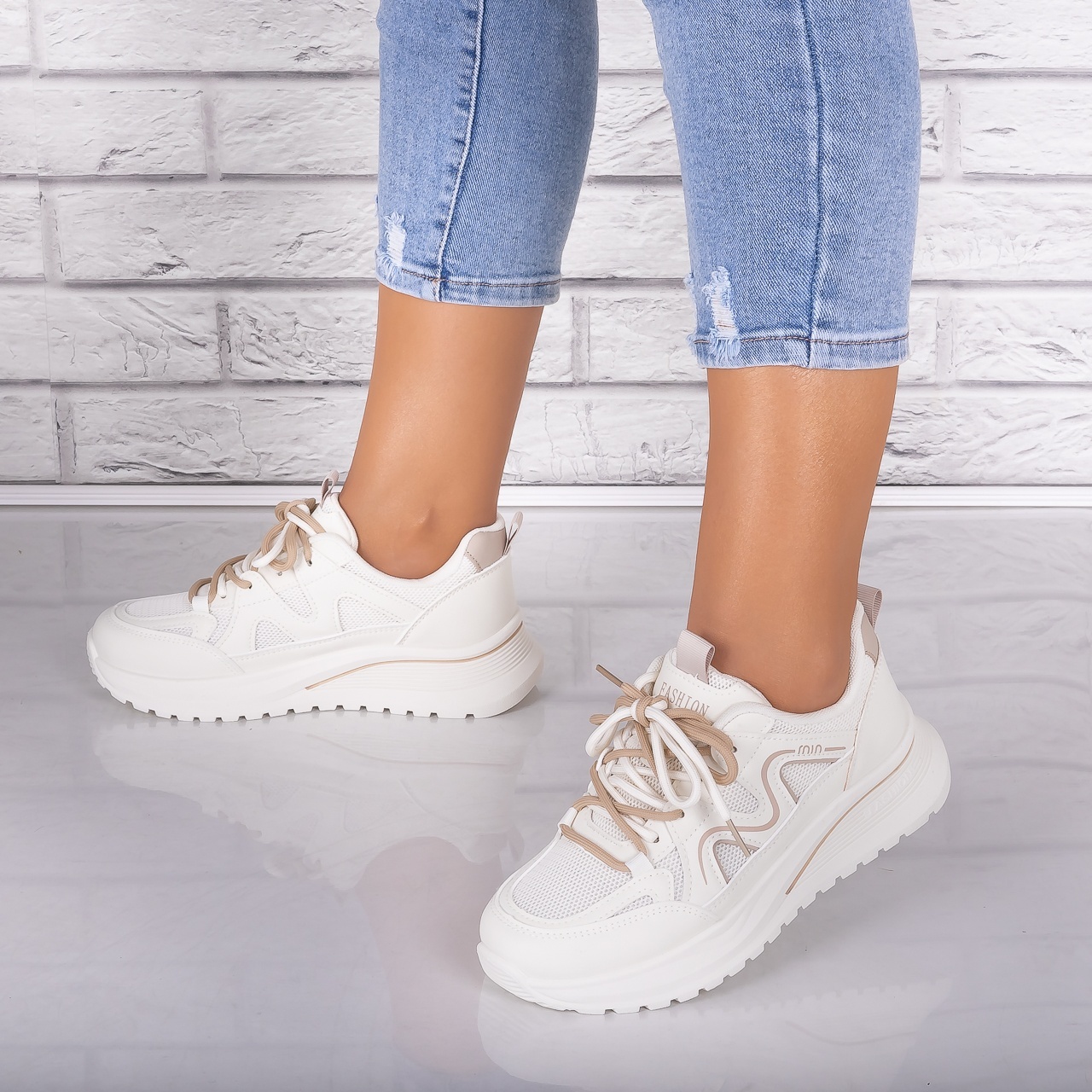 Adidasi dama Bej/kaki din Piele Eco/ Textil Avena - poza 4