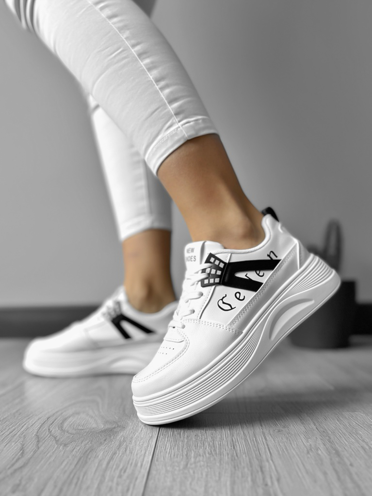 Adidasi dama casual cu talpa inalta albi cu negru CL2331 T13-3