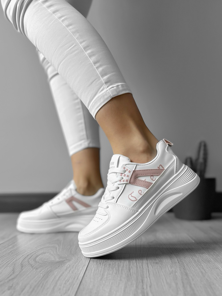 Adidasi dama casual cu talpa inalta albi cu roz CL2331 T13-3