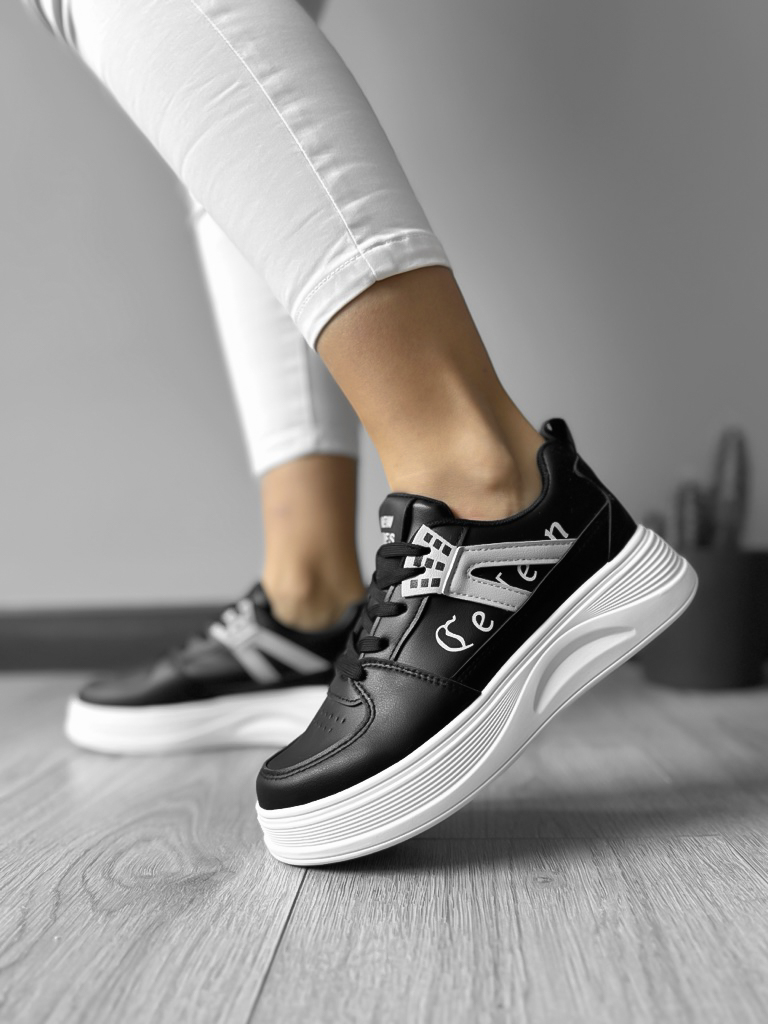 Adidasi dama casual cu talpa inalta negri cu alb CL2331 T13-3