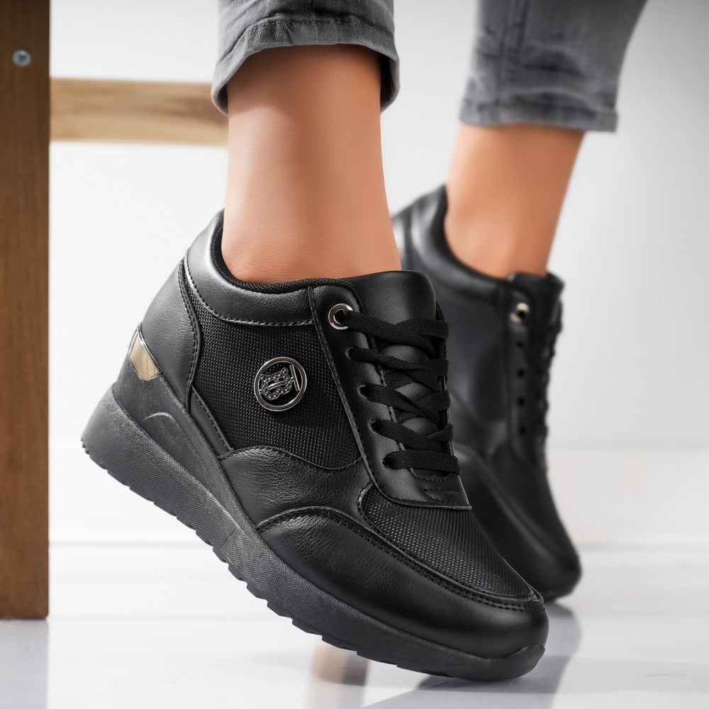 Adidasi dama cu platforma Negri din Piele Ecologica si Textil Ilea - poza 1