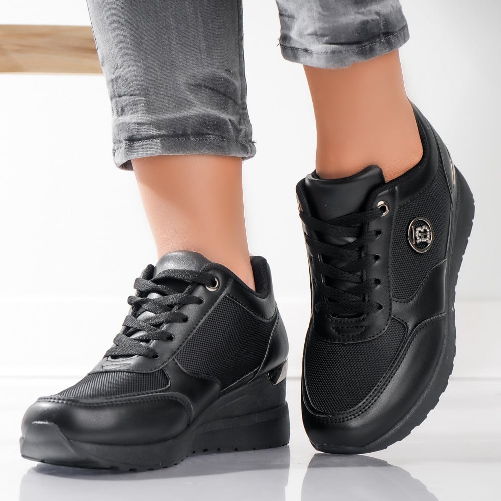 Adidasi dama cu platforma Negri din Piele Ecologica si Textil Ilea - poza 4
