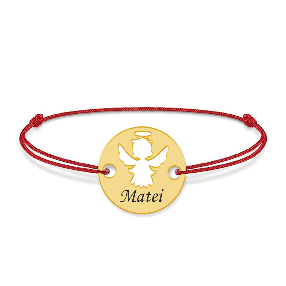 Angel - Bratara personalizata snur banut cu ingeras si nume gravat din argint 925 placat cu aur galben 24K