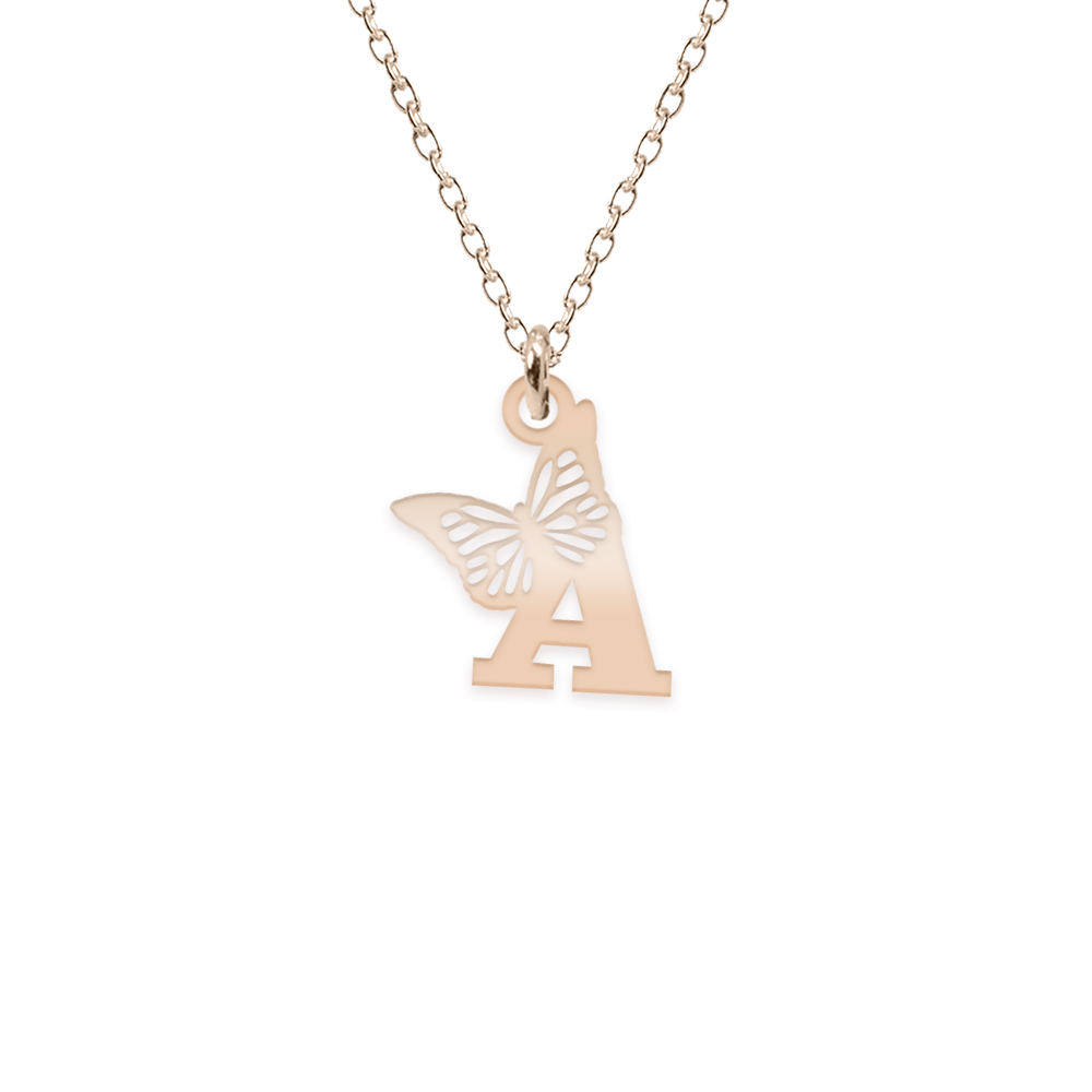 Aria - Colier personalizat cu litera si fluturas din argint 925 placat cu aur roz
