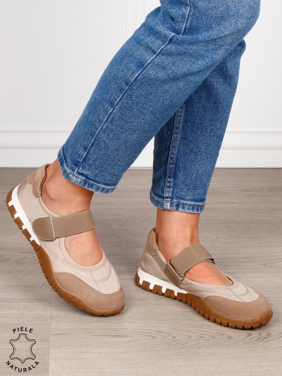 Balerini damă din piele naturală întoarsă și material textil, cu branț din piele naturală CRL1562 khaki