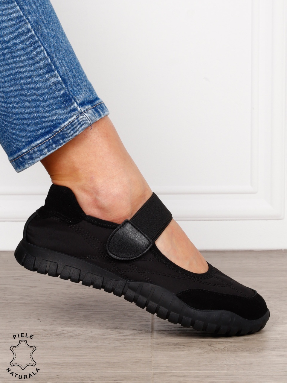 Balerini damă din piele naturală întoarsă și material textil, cu branț din piele naturală CRL1562 NEGRU
