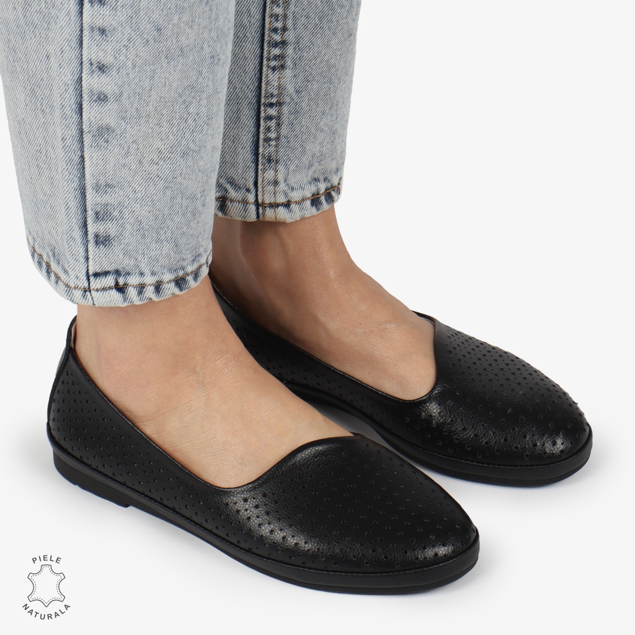 BALERINI dama din Piele naturala PERFORATA SLIP-ON CRL1358 NEGRU