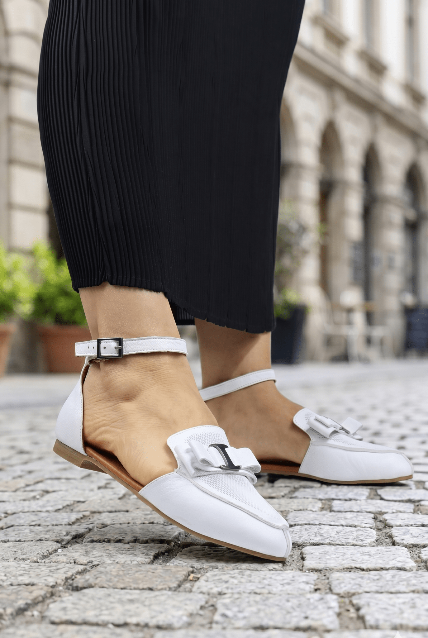 Balerini Decupati din Piele cu Accesoriu - HETY WHITE