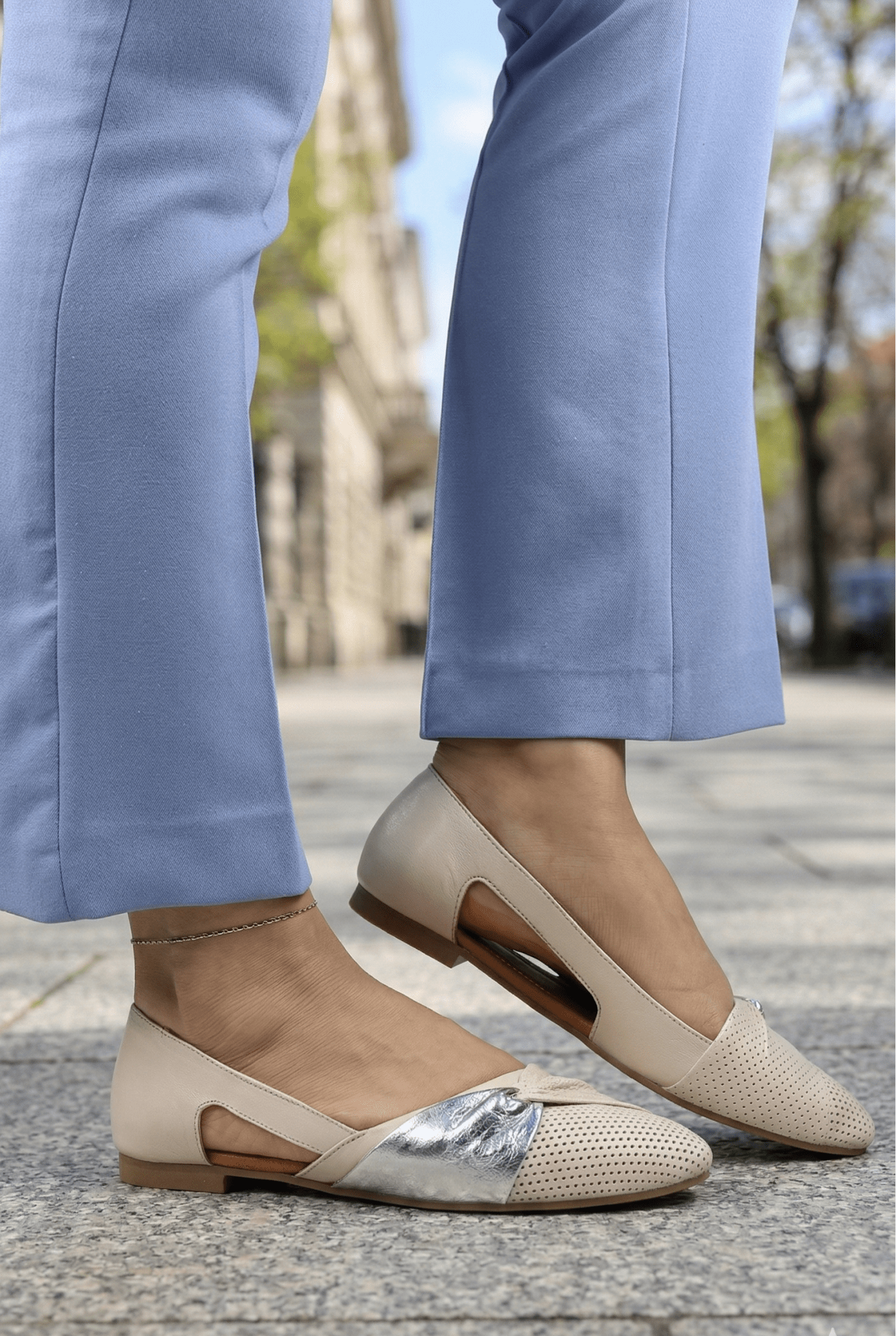 Balerini din Piele Bej cu Accesoriu - MYL BEIGE