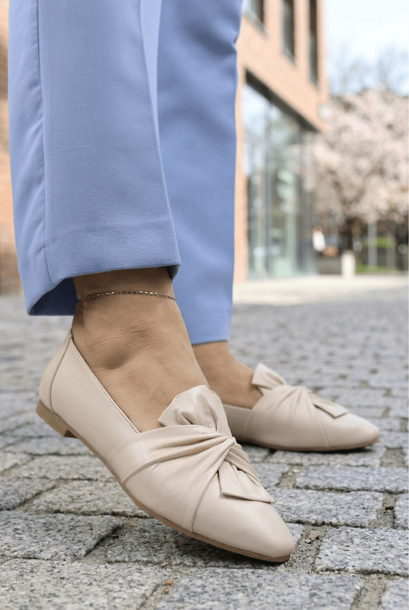 Balerini din Piele Bej cu Fundita - MYW BEIGE