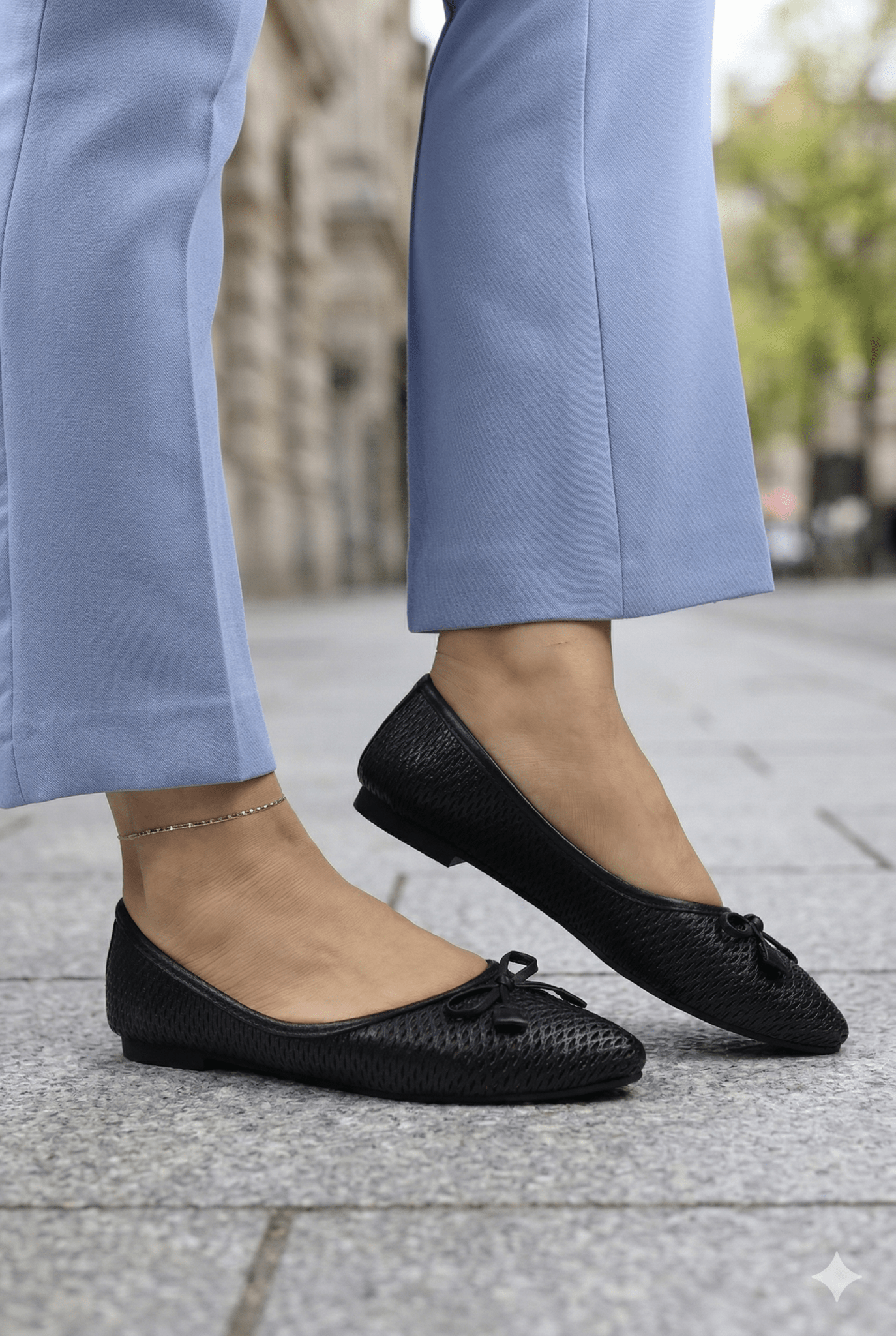Balerini Perforati din Piele Negri cu Accesoriu - ZYT BLACK