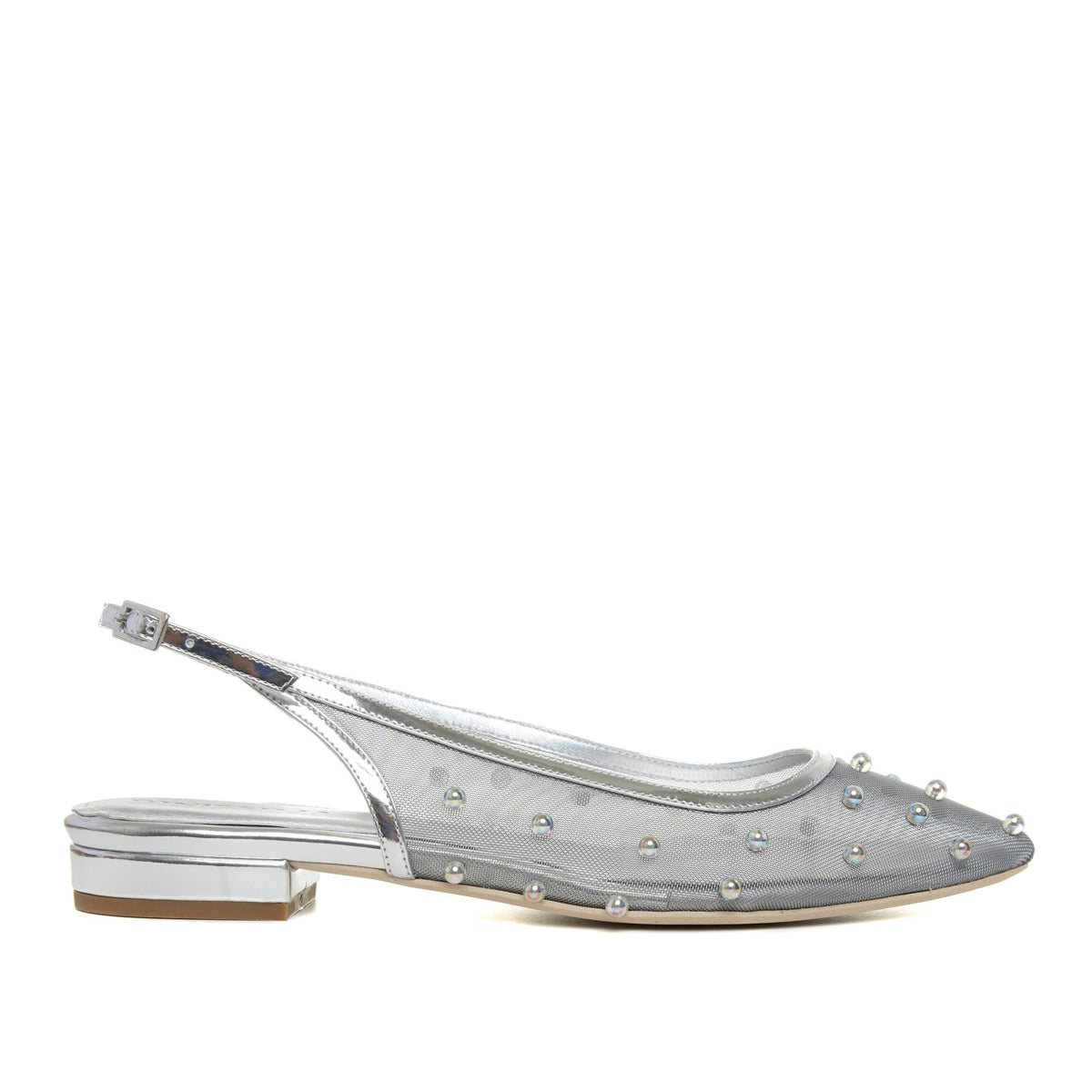 Balerini Zoe, Mesh/Piele Naturala, Varf Ascutit, Argintiu-Oglinda - 34.5 / 9.5 cm