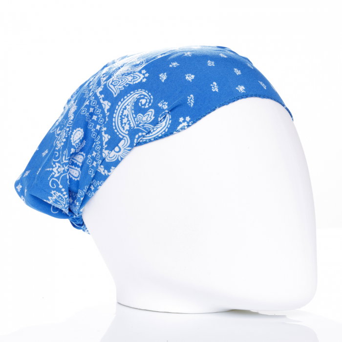 Bandana cu imprimeu alb pe fond albastru si elastic la spate