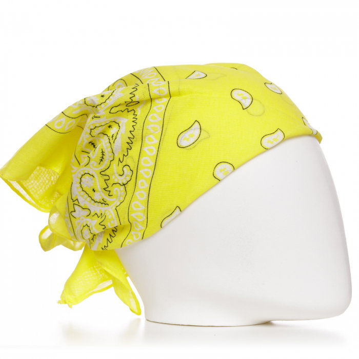 Bandana tip batic patrat cu imprimeu alb pe fond galben