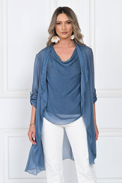 Blazer dama midi din matase tip kimono, croi fluid pentru layering, albastru jeans