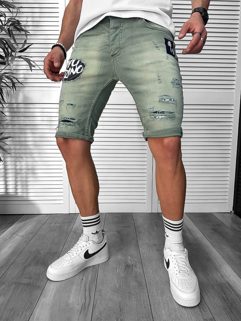 Blugi barbati scurti conici verzi cu stikere 7041 H2-3