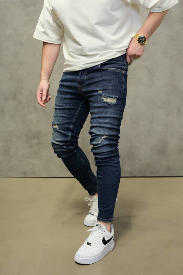 BLUGI BARBATI SKINNY FIT RUPTI – DARK BLUE CLEAN STREETWEAR (MĂRIME: 38)