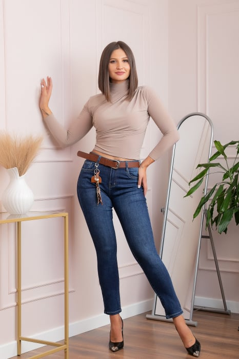 Blugi dama conici, talie inalta, albastru clasic cu curea , Kylie