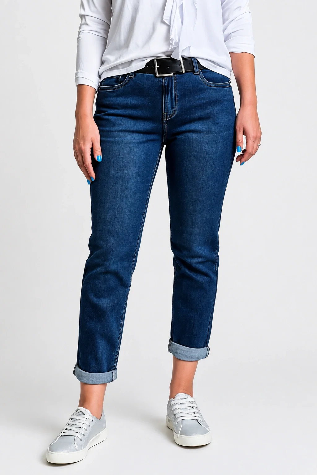 Blugi dama slim fit cu talie medie si aspect prespalat - albastru