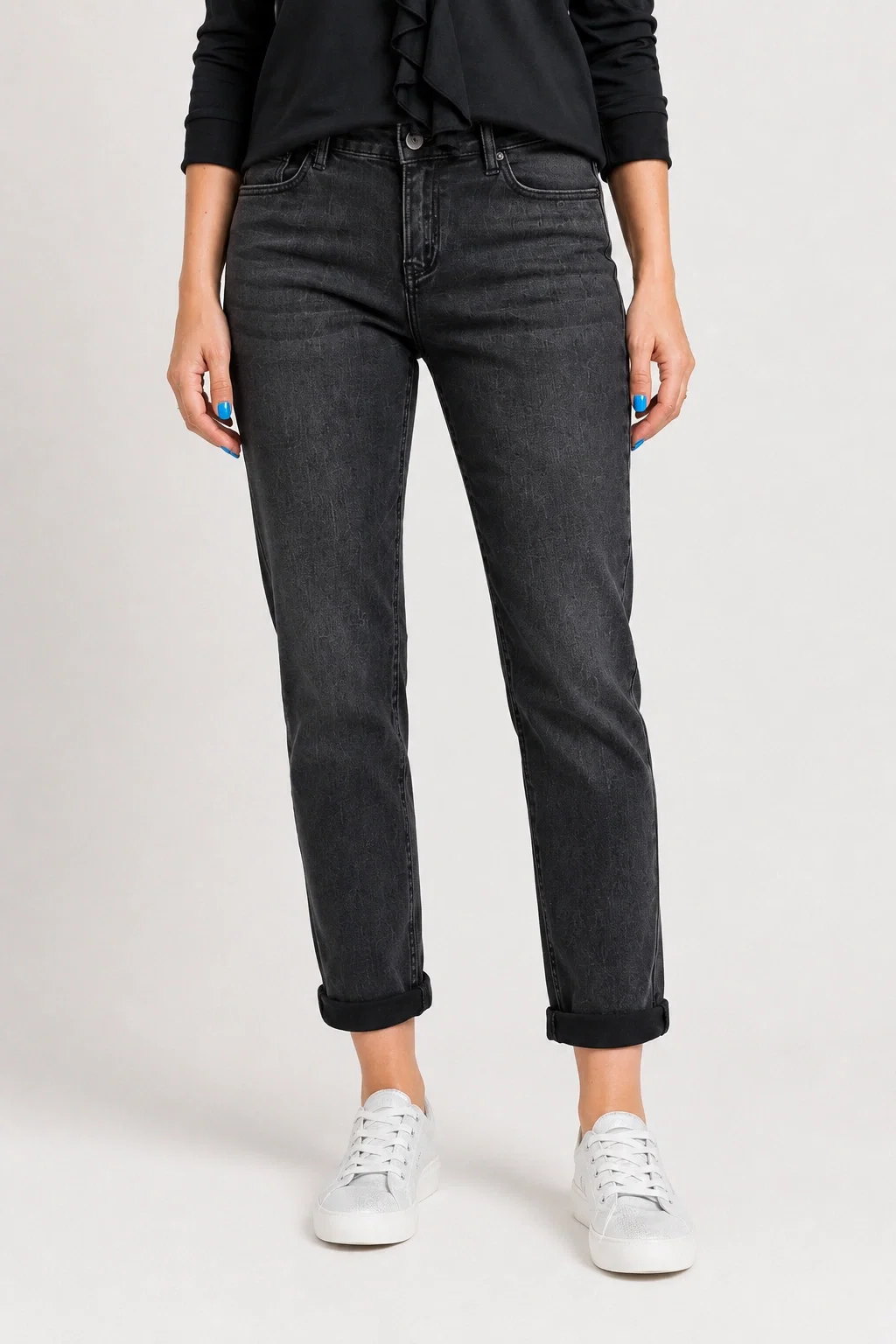 Blugi dama Mom Fit cu talie medie si aspect prespalat - negru