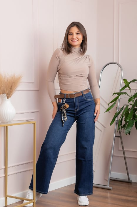 Blugi dama wide leg, talie inalta, albastru clasic cu curea , Britney
