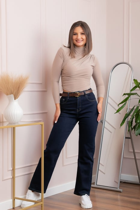 Blugi dama wide leg, talie inalta, albastru indigo cu curea , Britney