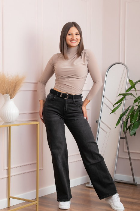 Blugi dama wide leg, talie inalta, negru washed , Britney