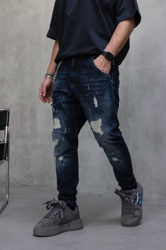 BLUGI LOOSE FIT CU LANT, RUPTURI SI EFECT STROPIT BGBLACK10(17417) (MĂRIME: 31)