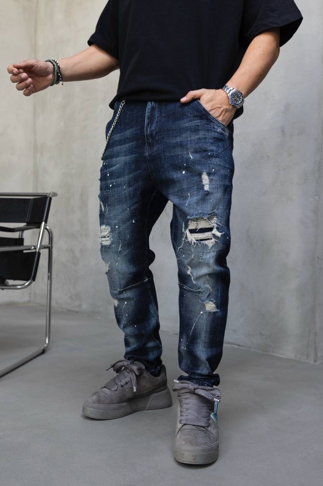 BLUGI LOOSE FIT CU LANT, RUPTURI SI EFECT STROPIT BGBLACK11(17419) (MĂRIME: 29)