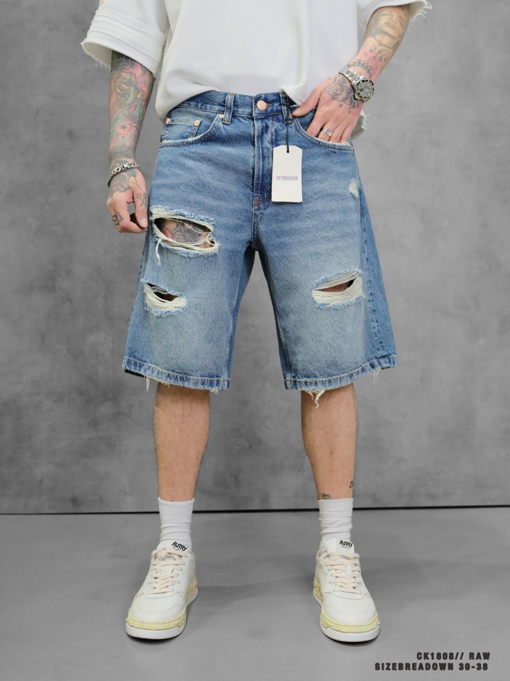 BLUGI SCURȚI BAGGY RIPPED DENIM LIGHT BLUE PSAS215(1808) (MĂRIME: 31)