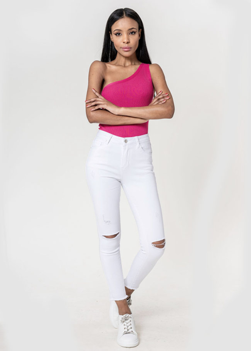 Blugi slim dama cu detalii rupte, Albi P501-10 M10