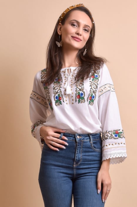 Bluza alba cu motiv floral multicolor Malvina 01
