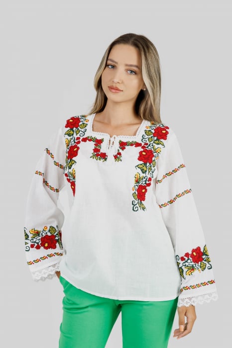 Bluza alba cu motiv floral rosu Alisa