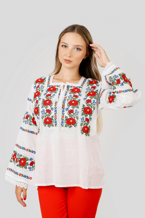 Bluza alba cu motiv floral rosu Fabiana 01