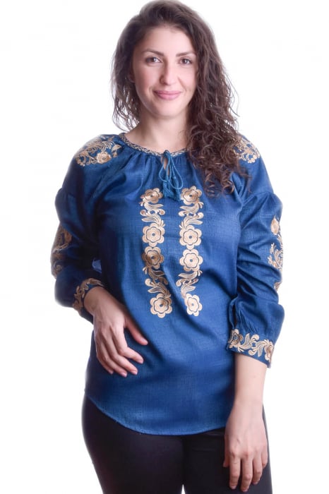 Bluza albastra cu motiv floral auriu Iasmina 06