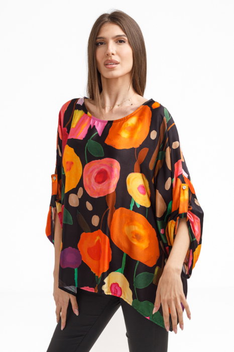 Bluza amestec matase cu vascoza, imprimeu pictural cu flori galbene delicate