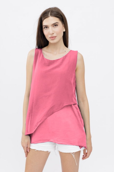 Bluza asimetrica in colturi din matase si vascoza si bumbac fara maneci, roz