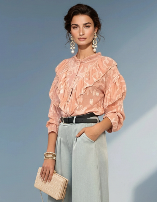 Bluză boho cu volane roz - Unica S-L