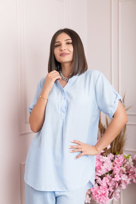 Bluza casual Athena cu guler stil tunica si insertii argintii - Bleu